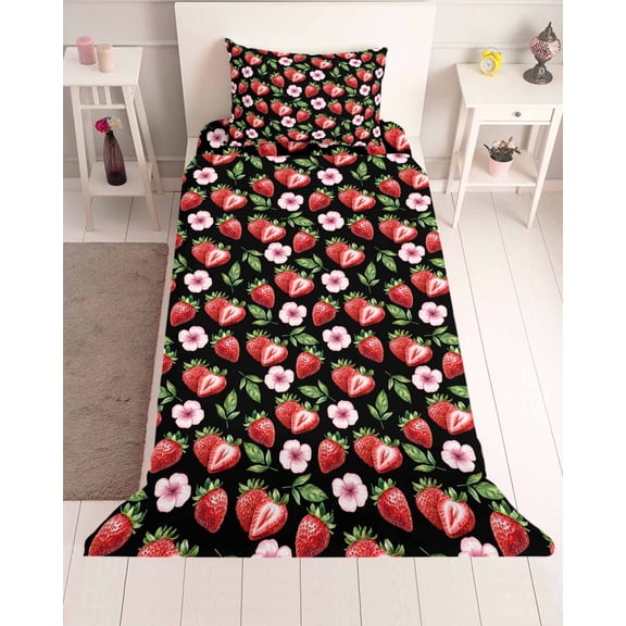 3 Piece Twin Sheet Set Strawberry Sheets Set for Twin Size Bed, Breathable Soft Microfiber Bed Sheets Cooling Red Fruit Flowers Leaf Tropical Summer Fitted Sheet Deep Pocket, Pillowcases