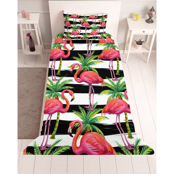 3 Piece Twin Sheet Set Striped Flamingo Sheets Set for Twin Size Bed, Breathable Soft Microfiber Bed Sheets Cooling Pink Birds Green Palm Leaf Black White Fitted Sheet Deep Pocket, Pillowcases