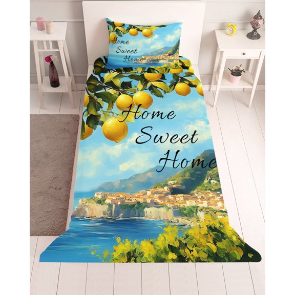3 Piece Twin Sheet Set Summer Lemon Sheets Set for Twin Size Bed, Breathable Soft Microfiber Bed Sheets Cooling Coastal Beach Fruit Mountain Town Fitted Sheet Deep Pocket, Pillowcases