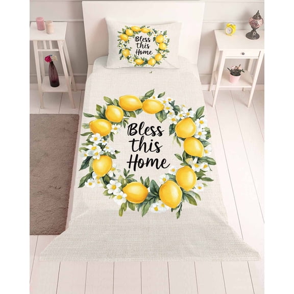 3 Piece Twin Sheet Set Summer Lemon Sheets Set for Twin Size Bed, Breathable Soft Microfiber Bed Sheets Cooling Farmhouse Country Vintage Linen Texture Fitted Sheet Deep Pocket, Pillowcases