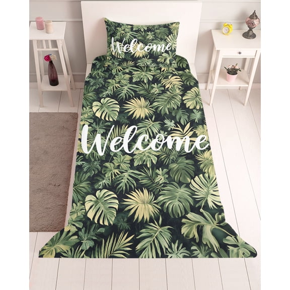 3 Piece Twin Sheet Set Summer Palm Tree Sheets Set for Twin Size Bed, Breathable Soft Microfiber Bed Sheets Cooling Welcome Tropical Botanical Fitted Sheet Deep Pocket, Pillowcases