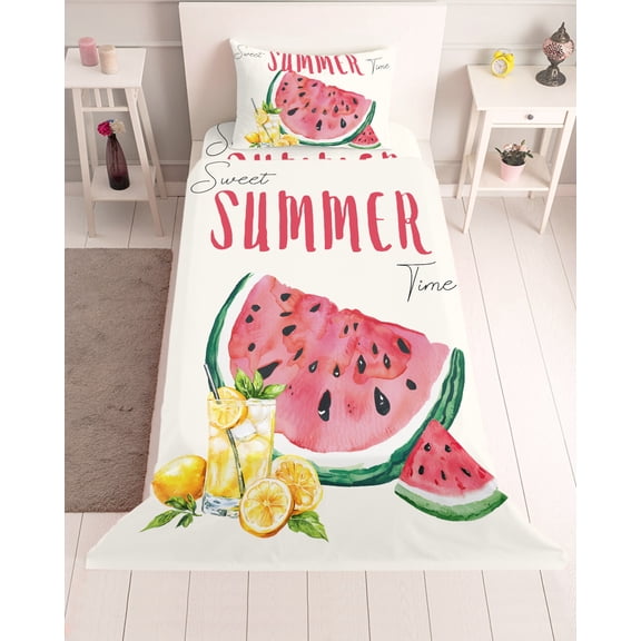 3 Piece Twin Sheet Set Summer Red Watermelon Sheets Set for Twin Size Bed, Breathable Soft Microfiber Bed Sheets Cooling Lemon Juice Fruit Country Retro Fitted Sheet Deep Pocket, Pillowcases