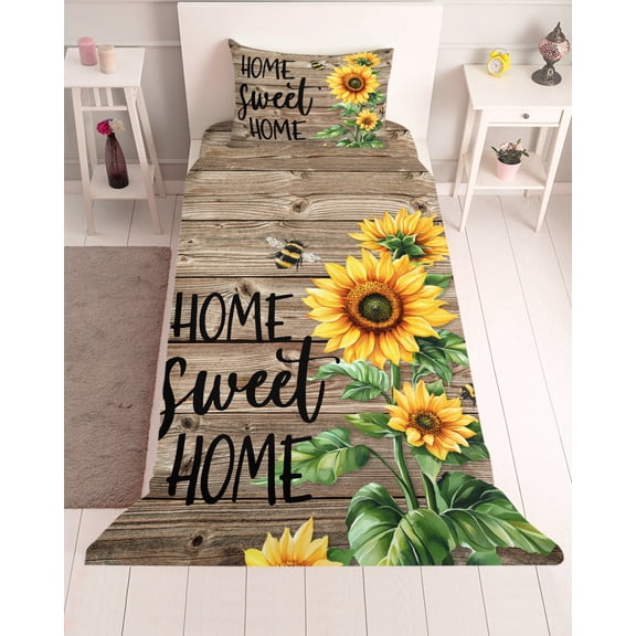 3 Piece Twin Sheet Set Sunflower Bee Sheets Set for Twin Size Bed, Breathable Soft Microfiber Bed Sheets Cooling Farmhouse Country Wooden Plank Brown Fitted Sheet Deep Pocket, Pillowcases