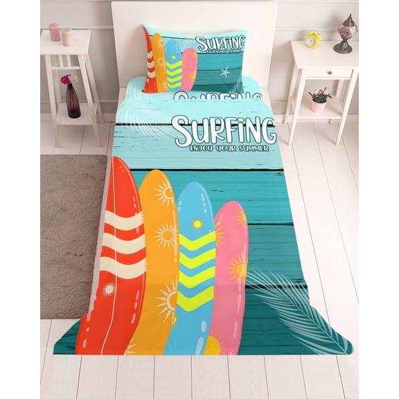 3 Piece Twin Sheet Set Surfboard Sheets Set for Twin Size Bed, Breathable Soft Microfiber Bed Sheets Cooling Summer Starfish Palm Leaf Wood Grain Blue Fitted Sheet Deep Pocket, Pillowcases