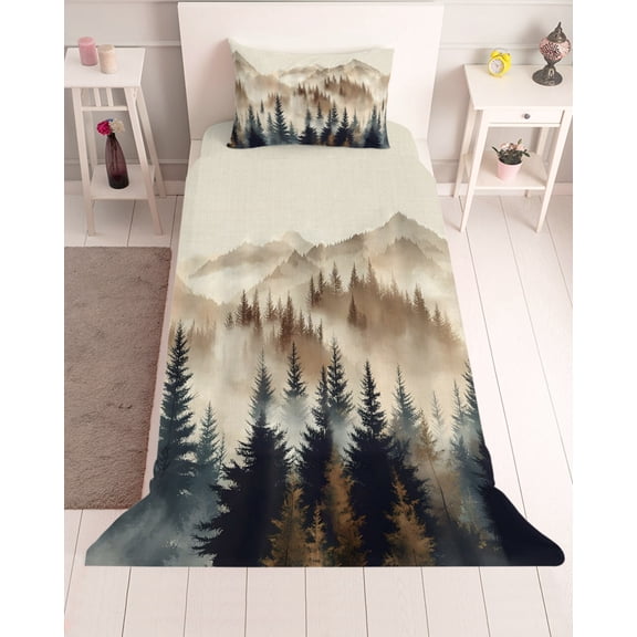 3 Piece Twin Sheet Set Tan Forest Sheets Set for Twin Size Bed, Breathable Soft Microfiber Bed Sheets Cooling Trees Woods Vintage Natural Watercolor Fitted Sheet Deep Pocket, Pillowcases