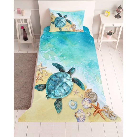 3 Piece Twin Sheet Set Teal Blue Coastal Sheets Set for Twin Size Bed, Breathable Soft Microfiber Bed Sheets Cooling Summer Beach Turtle Nautical Fitted Sheet Deep Pocket, Pillowcases