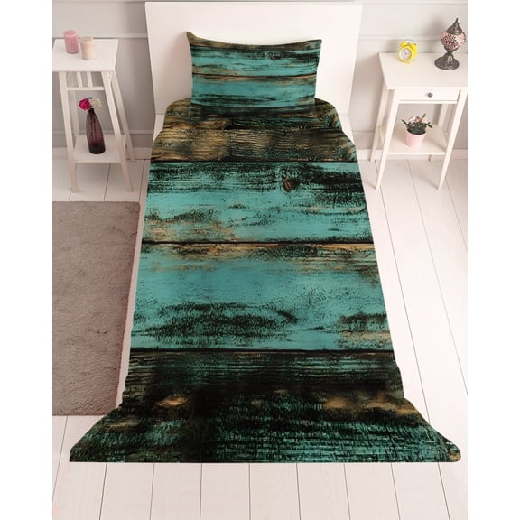 3 Piece Twin Sheet Set Teal Brown Plank Sheets Set for Twin Size Bed, Breathable Soft Microfiber Bed Sheets Cooling Farmhouse Vintage Shabby Wood Grain Fitted Sheet Deep Pocket, Pillowcases