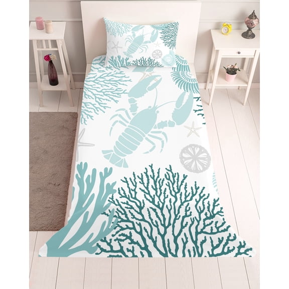 3 Piece Twin Sheet Set Teal Green Coastal Sheets Set for Twin Size Bed, Breathable Soft Microfiber Bed Sheets Cooling Summer Lobster Coral Nautical Fitted Sheet Deep Pocket, Pillowcases