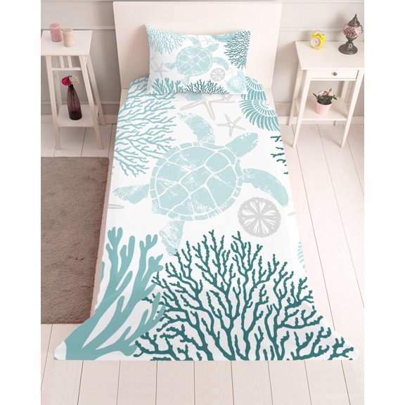 3 Piece Twin Sheet Set Teal Green Coastal Turtle Sheets Set for Twin Size Bed, Breathable Soft Microfiber Bed Sheets Cooling Ocean Coral Nautical Fitted Sheet Deep Pocket, Pillowcases