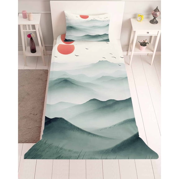 3 Piece Twin Sheet Set Teal Ombre Mountain Sheets Set for Twin Size Bed, Breathable Soft Microfiber Bed Sheets Cooling Tree Peaks Landscape Fitted Sheet Deep Pocket, Pillowcases