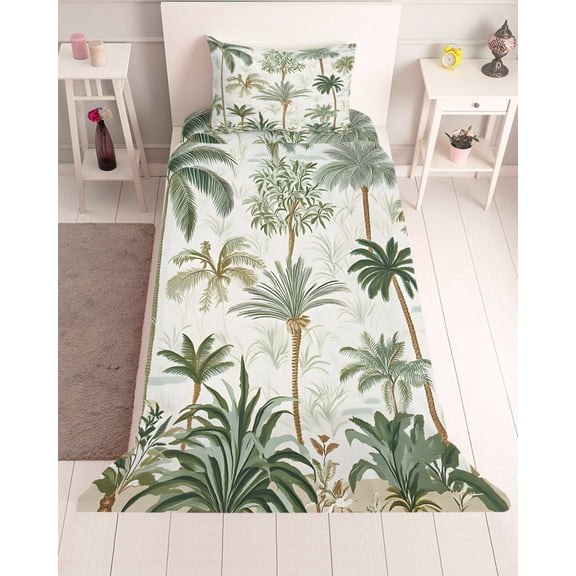 3 Piece Twin Sheet Set Tropical Green Palm Tree Sheets Set for Twin Size Bed, Breathable Soft Microfiber Bed Sheets Cooling Summer Beach Botanical Fitted Sheet Deep Pocket, Pillowcases