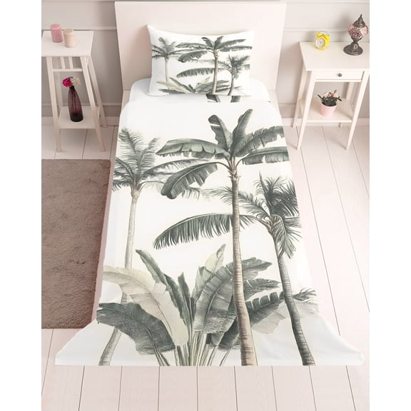 3 Piece Twin Sheet Set Tropical Palm Tree Sheets Set for Twin Size Bed, Breathable Soft Microfiber Bed Sheets Cooling Summer Beach Botanical Fitted Sheet Deep Pocket, Pillowcases