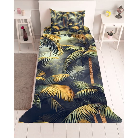 3 Piece Twin Sheet Set Tropical Plant Sheets Set for Twin Size Bed, Breathable Soft Microfiber Bed Sheets Cooling Summer Botanical Palm Tree Leaves Retro Fitted Sheet Deep Pocket, Pillowcases