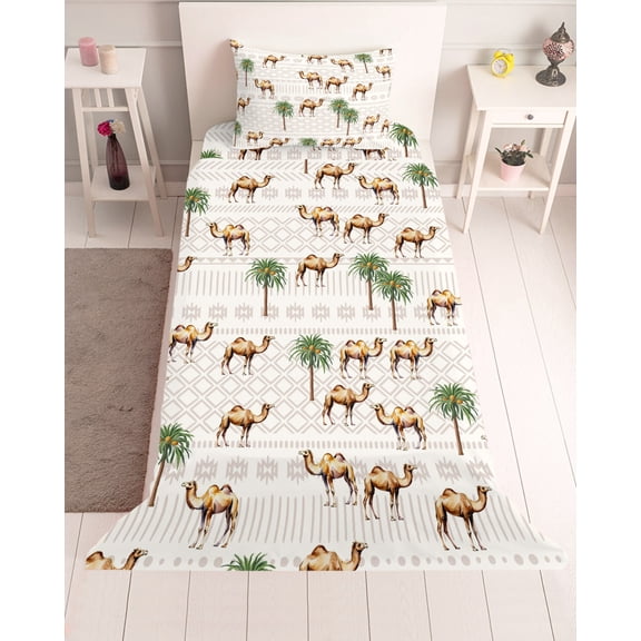 3 Piece Twin Sheet Set Tropical Plants Sheets Set for Twin Size Bed, Breathable Soft Microfiber Bed Sheets Cooling Summer Palm Trees Camel Animals Boho Fitted Sheet Deep Pocket, Pillowcases