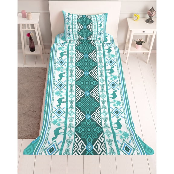 3 Piece Twin Sheet Set Turquoise Boho Sheets Set for Twin Size Bed, Breathable Soft Microfiber Bed Sheets Cooling Southwest Aztec Tropical Tree Animals Motifs Fitted Sheet Deep Pocket, Pillowcases