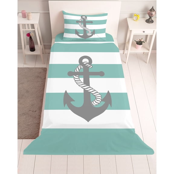 3 Piece Twin Sheet Set Turquoise Stripe Nautical Sheets Set for Twin Size Bed, Breathable Soft Microfiber Bed Sheets Cooling Grey Anchor Summer Coastal Fitted Sheet Deep Pocket, Pillowcases