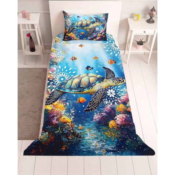 3 Piece Twin Sheet Set Turtle Sheets Set for Twin Size Bed, Breathable Soft Microfiber Bed Sheets Cooling Ocean Fish Coral Underwater World Cartoon Fitted Sheet Deep Pocket, Pillowcases