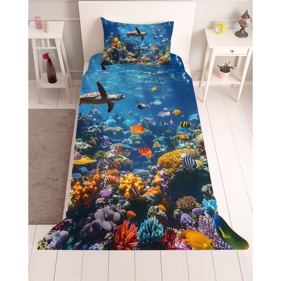 3 Piece Twin Sheet Set Turtle Sheets Set for Twin Size Bed, Breathable Soft Microfiber Bed Sheets Cooling Summer Beach Ocean Coral Sunlight Jellyfish Fitted Sheet Deep Pocket, Pillowcases