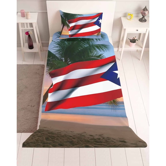 3 Piece Twin Sheet Set USA Flag Sheets Set for Twin Size Bed, Breathable Soft Microfiber Bed Sheets Cooling Vintage Puerto Rico Sandy Palm Tree Ocean Fitted Sheet Deep Pocket, Pillowcases