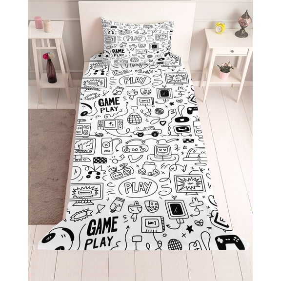 3 Piece Twin Sheet Set Video Game Sheets Set for Twin Size Bed, Breathable Soft Microfiber Bed Sheets Cooling Black White Game Controller Monochrome Fitted Sheet Deep Pocket, Pillowcases