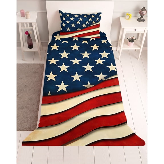 3 Piece Twin Sheet Set Vintage American Flag Sheets Set for Twin Size Bed, Breathable Soft Microfiber Bed Sheets Cooling Red Beige Waves Fitted Sheet Deep Pocket, Pillowcases
