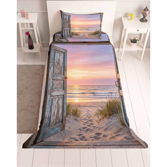 3 Piece Twin Sheet Set Vintage Door Coastal Sheets Set for Twin Size Bed, Breathable Soft Microfiber Bed Sheets Cooling Sunset Seaside Summer Beach Fitted Sheet Deep Pocket, Pillowcases