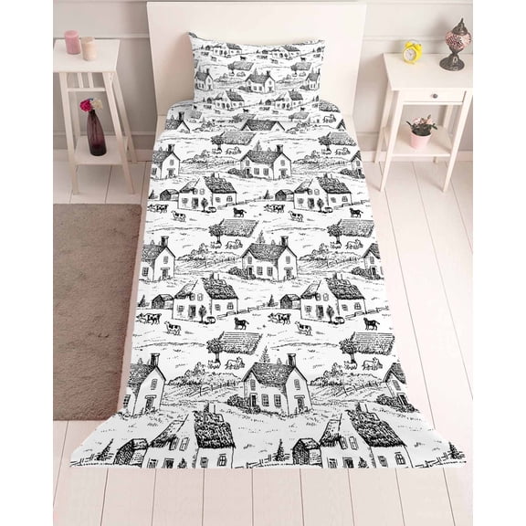 3 Piece Twin Sheet Set Vintage Farmhouse Sheets Set for Twin Size Bed, Breathable Soft Microfiber Bed Sheets Cooling Country Farm Houses Cows Sheep Animal Fitted Sheet Deep Pocket, Pillowcases