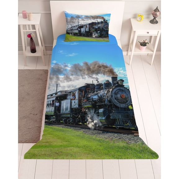 3 Piece Twin Sheet Set Watercolor Trains Sheets Set for Twin Size Bed, Breathable Soft Microfiber Bed Sheets Cooling Modern Nature Landscape Blue Green Fitted Sheet Deep Pocket, Pillowcases