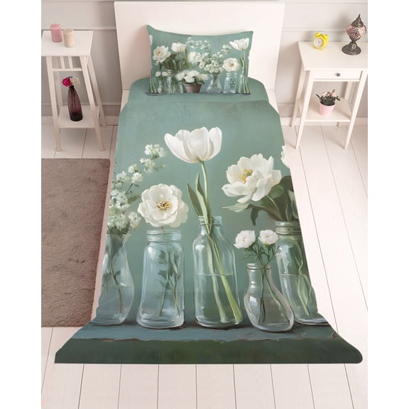 3 Piece Twin Sheet Set White Camellia Sheets Set for Twin Size Bed, Breathable Soft Microfiber Bed Sheets Cooling Farm Flowers Retro Green Modern Art Fitted Sheet Deep Pocket, Pillowcases
