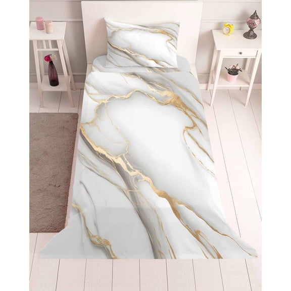 3 Piece Twin Sheet Set White Golden Marble Sheets Set for Twin Size Bed, Breathable Soft Microfiber Bed Sheets Cooling Modern Abstract Art Marble Flow Fitted Sheet Deep Pocket, Pillowcases
