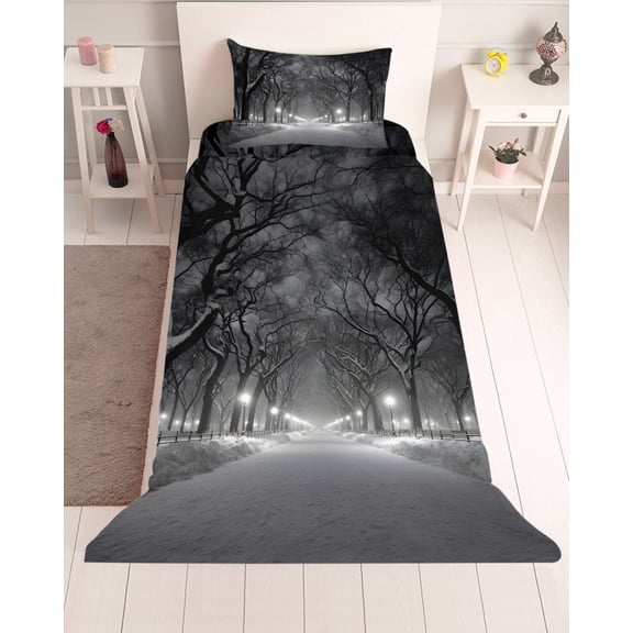 3 Piece Twin Sheet Set Winter Snowscape Sheets Set for Twin Size Bed, Breathable Soft Microfiber Bed Sheets Cooling Night Snow Landscape Trees Natural Fitted Sheet Deep Pocket, Pillowcases