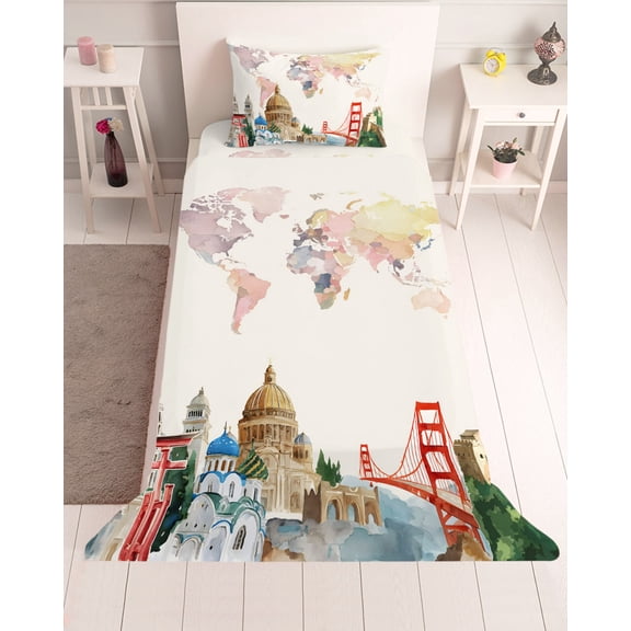 3 Piece Twin Sheet Set World Map Sheets Set for Twin Size Bed, Breathable Soft Microfiber Bed Sheets Cooling Farmhouse Famous Building Tourism Bridge Fitted Sheet Deep Pocket, Pillowcases