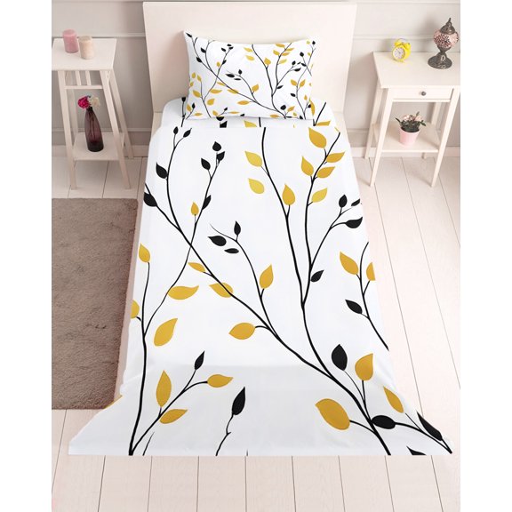 3 Piece Twin Sheet Set Yellow Black Branches Sheets Set for Twin Size Bed, Breathable Soft Microfiber Bed Sheets Cooling Spring Rusitc Botanical Leaves Fitted Sheet Deep Pocket, Pillowcases