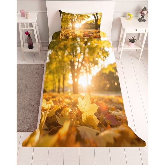 3 Piece Twin Sheet Set Yellow Fall Maple Sheets Set for Twin Size Bed, Breathable Soft Microfiber Bed Sheets Cooling Autumn Leaves Country Rustic Deciduous Fitted Sheet Deep Pocket, Pillowcases