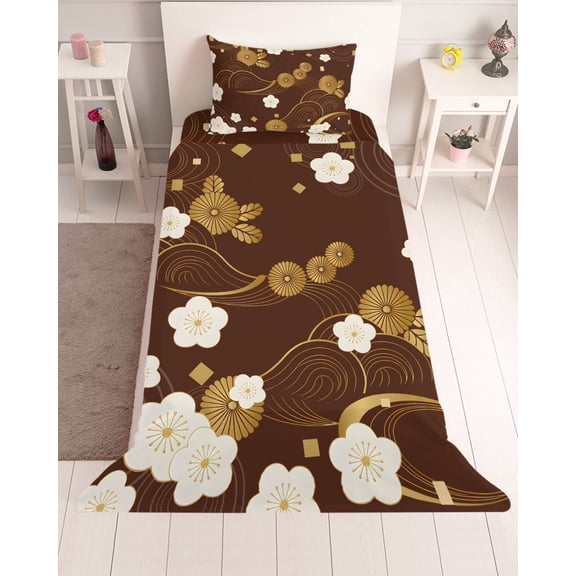 3 Piece Twin Sheet Set Yellow Flower Sheets Set for Twin Size Bed, Breathable Soft Microfiber Bed Sheets Cooling Japanese Style Floral Leaf Textured Red Fitted Sheet Deep Pocket, Pillowcases