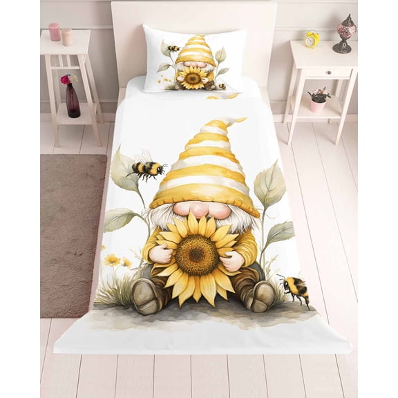 3 Piece Twin Sheet Set Yellow Gnomes Sheets Set for Twin Size Bed, Breathable Soft Microfiber Bed Sheets Cooling Sunflower Bee Vintage Abstract Artwork Fitted Sheet Deep Pocket, Pillowcases