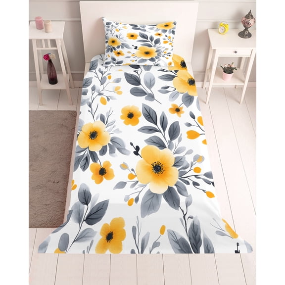 3 Piece Twin Sheet Set Yellow Grey Floral Spring Sheets Set for Twin Size Bed, Breathable Soft Microfiber Bed Sheets Cooling Summer Botanical Elegant Fitted Sheet Deep Pocket, Pillowcases