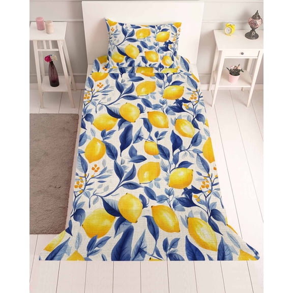 3 Piece Twin Sheet Set Yellow Lemon Sheets Set for Twin Size Bed, Breathable Soft Microfiber Bed Sheets Cooling Blue Leaf Vintage Botanical Summer Spring Fitted Sheet Deep Pocket, Pillowcases