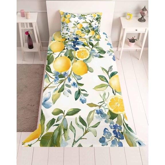 3 Piece Twin Sheet Set Yellow Lemon Sheets Set for Twin Size Bed, Breathable Soft Microfiber Bed Sheets Cooling Green Leaf Blue Flower Tropical Fruit Fitted Sheet Deep Pocket, Pillowcases
