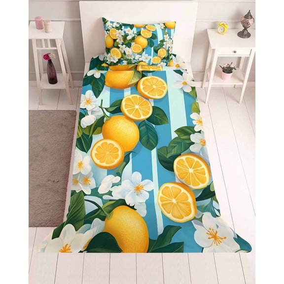 3 Piece Twin Sheet Set Yellow Lemon Sheets Set for Twin Size Bed, Breathable Soft Microfiber Bed Sheets Cooling Summer Fruit Floral Blue Stripe Watercolor Fitted Sheet Deep Pocket, Pillowcases