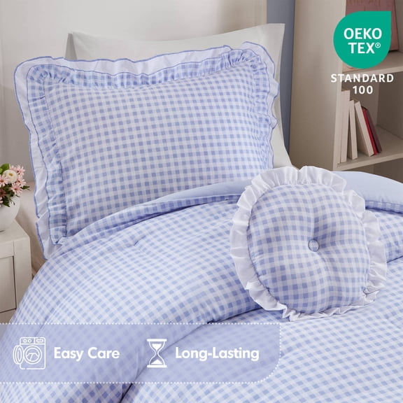 3 Piece Twin Twin XL Comforter Set Ruffle Edge Gingham Print Soft Microfiber Breathable All Season Blue
