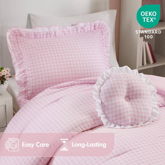 3 Piece Twin Twin XL Comforter Set Ruffle Edge Gingham Print Soft Microfiber Breathable All Season Pink