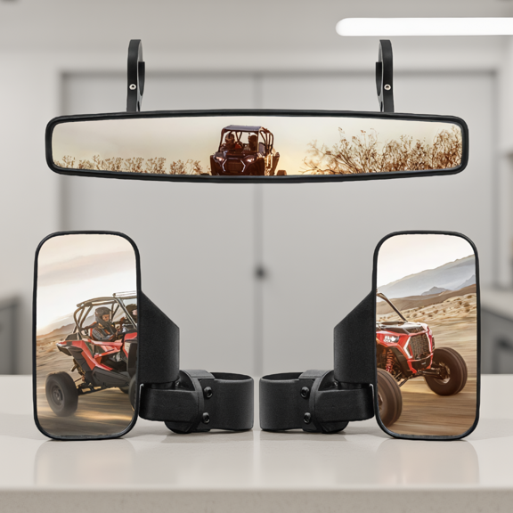 3-Piece UTV Mirror Set with 1.75"-2" Roll Bar Mount, Wide-Angle Convex Side and Center Rearview, Fits RZR -Am