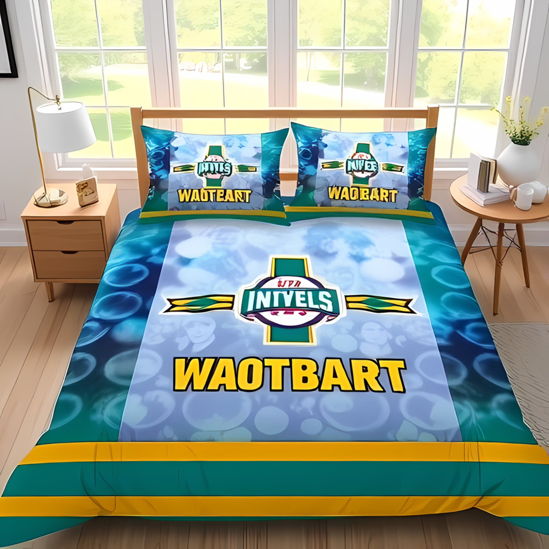 3-Piece UTVA Invels Duvet Cover Set - Vibrant Teal & Gold Bedding with Team & WAOTBART Name