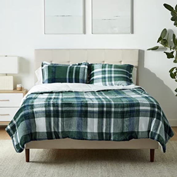 3-Piece Ultra-Soft Micromink Sherpa Fleece Bedding Set Warm All Season Comforter Full/Queen Green Plaid
