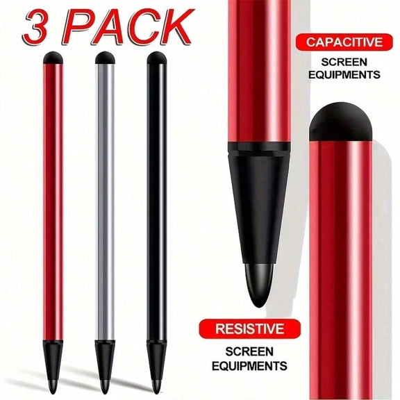 3-Piece Universal Stylus Pen Set (Black, Red, Silver) Capacitive & Resistive Touch Screen Pen for Tablets and Phones