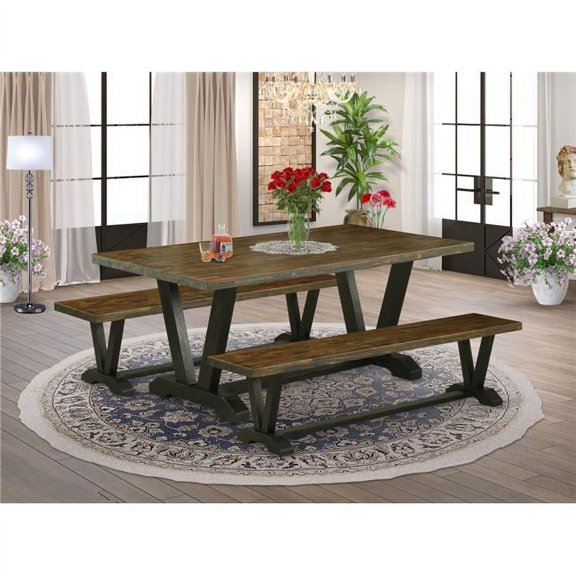3 Piece V-Style Modern Dining Table Set - Distressed Jacobean & Wire Brushed Black