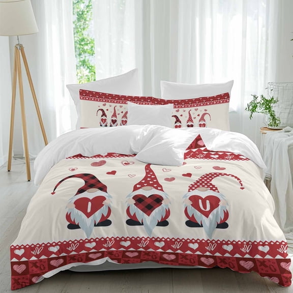 3 Piece Valentine Gnomes Duvet Cover Set California King,Microfiber Comforter/Quilt Cover with Corner Ties and 2 Pillowcases,I Love U Red Buffalo Plaid Love Heart Soft Bedding with Zipper Closure