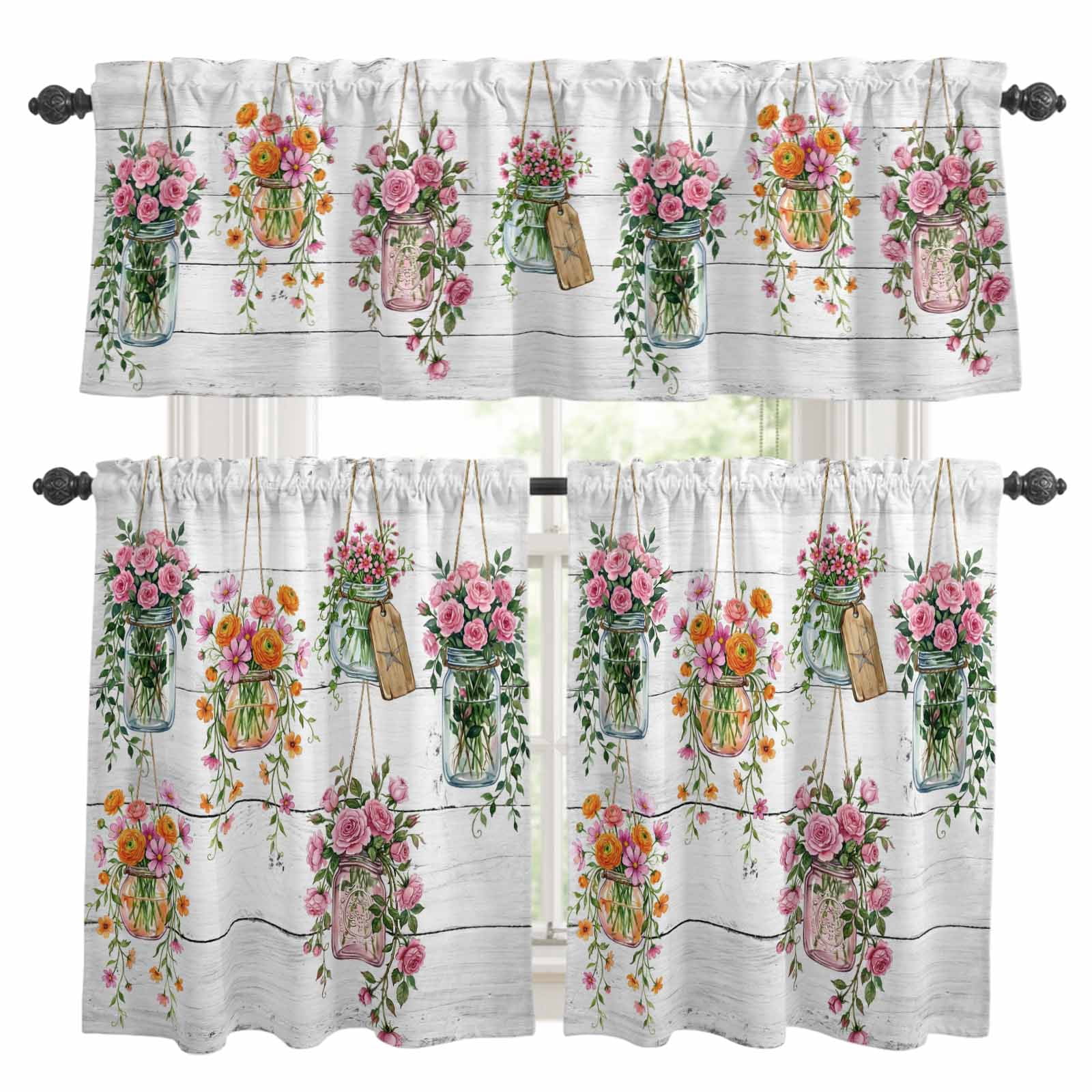 3 Piece Vase Flowers Kitchen Curtain Valance and Tiers Set Spring Pink ...