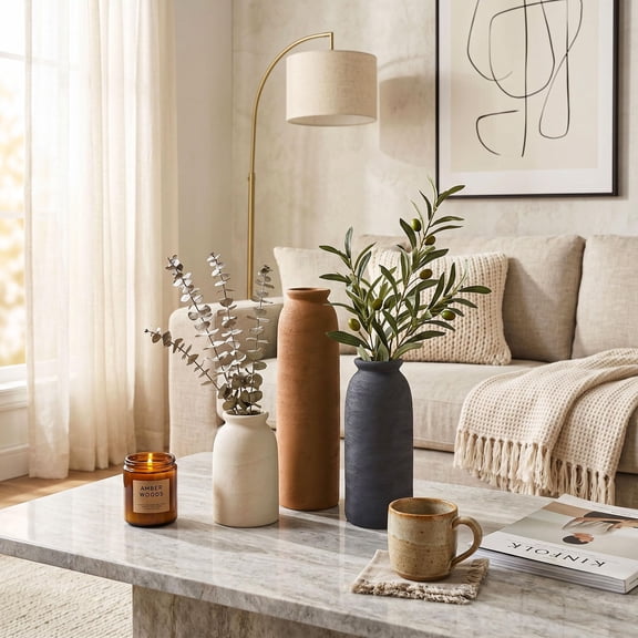 3-Piece Vase Set, Small Flower Vases for Home Table Decor, Modern Farmhouse Neutral Pampas Pottery Vases for Centerpiece, Mantel, Entryway, Shelf, Living Room, Kitchen